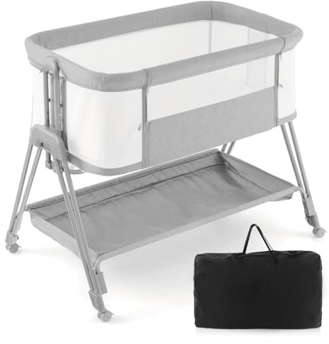 Maxmass Baby Bedside Sleeper, Easy Moving Baby Bassinet with Mattress, Breathable Mesh, Storage Basket, Straps and Wheels, Folding Infant Crib for Newborn (Grey)