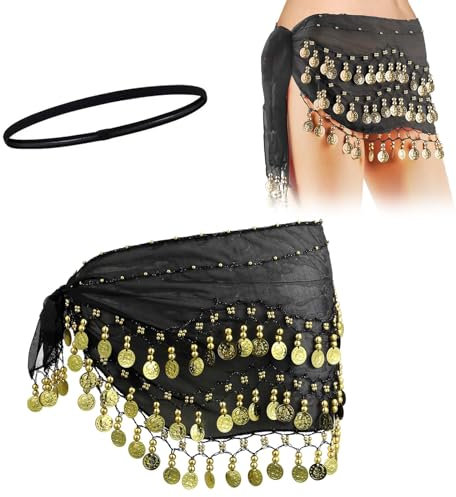 Tanztuch mit Münzen für Bauchtanz,Damen Bauchtanz Gürtel,Chiffon Hüfttuch Bauchtanz Münztuch,Chiffon Hüfttücher Schwarz Bauchtanz Hüfttuch,für Bauchtanz,Lateinamerikanische Tänze,mit 1 Stirnband
