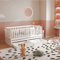 Montessori Kinderbett Bodenbett 90x200, Babybett Gitterbett mit 2 Schubladen & Tür, Bettgestell mit Rausfallschutz & Lattenrost, Multifunktionsbett umbaubar in zwei getrennte Betten, Massivholz, Weiß