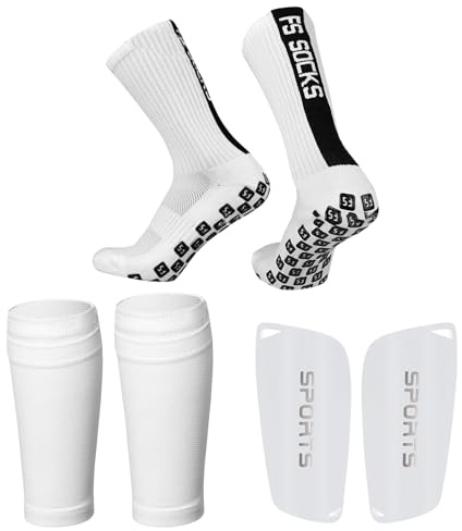 Zimoer Ensemble de 3 Pièces Protège-Tibias de Football avec Manches Elastiques et Chaussettes de Foot, Protege Tibia, Chaussette Antidérapante, Chaussette Protege Tibia Foot, Chaussettes Grip (Blanc)