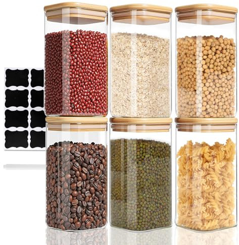 FoiiLiio Bocaux en Verre Lot de 6 Bocaux en Verre Hermétique 750ml Pot en Verre avec Couvercle Bambou, pour Céréales, Cornflakes, Haricots