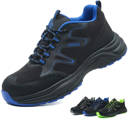 Safety Trainers Men Womens Safety Shoes Lightweight Steel Toe Cap Trainers Breathable Comfortable Work Shoes Non Slip Safety Boots Construction Industrial, Blue, UK 9