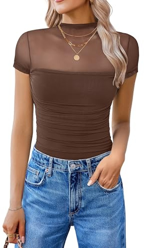 Avidlove Women's Short Sleeve Bodysuit Turtle Neck Body Suits One Piece Going Out Mesh Tops Concert Outfits