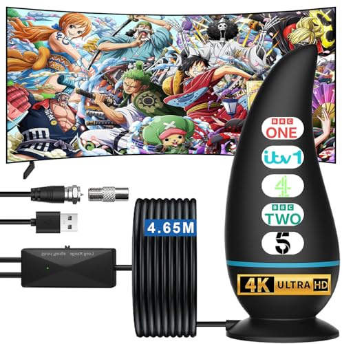 【2025 New Upgrade】Indoor TV Aerial, Freeview Aerial Supports 4K 1080P Signal Reception, TV Ariels Indoor Comes with 4.65m Coaxial Cable, Plug and Play, Compatible with All TVs and Digital Receivers