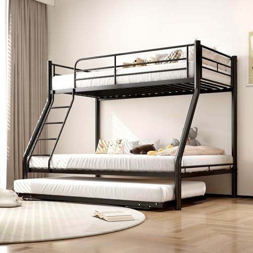 Generisch Etagenbett 3 Personen 90x200cm /140x200cm, Doppelstockbett Metall, Ausziehbett für Gäste, Mit Anti-Fall-Geländer und 20cm Leiterabstand, Schwarz