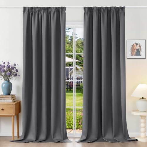 Runyéla Gardinen mit Kräuselband Thermovorhänge Kälteschutz Vorhänge Blickdicht 245 x 140 (HxB) Dunkelgrau 2er Set Verdunkelungsvorhänge für Schienensystem, Schiebegardinen für Wohnzimmer Curtain