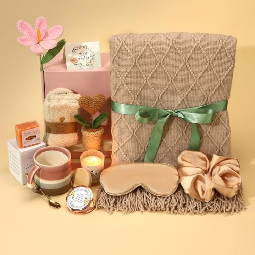 Christmas & Birthday Gifts for Women, Self Care Gift Basket Get Well Soon Care Package - Luxury Spa Set with Knitted Blanket, Fuzzy Socks, Mug, Candle, Scrunchie for Her, Mom, Best Friend