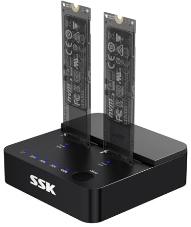 SSK M.2 NVMe SATA SSD Clonazione Docking Station, 20Gbps USB 3.2 Gen 2x2 Hard Disk Docking Station Dual Bay M.2 SSD Case Adattatore USB per lettore SSD PCIe M-Key con funzione clone offline