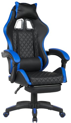 BAKAJI Sedia Sportiva Poltrona Direzionale da Ufficio 4 Ruote Girevole 360° Modello Racer Gaming Design Extra Lusso in Ecopelle Nero e Tessuto (Blu con Poggiapiedi)
