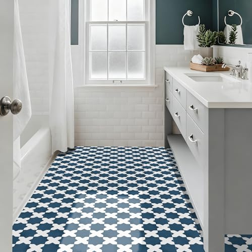 Alwayspon 30 x 30 cm x 10 stycken självhäftande golvbeläggningar peel and stick vinylklistermärken, halkfria vattentäta vinyl golvplattor för kök badrum vardagsrum, vintage blå vit marmor