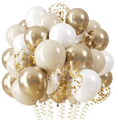 QIFU Vit Och Guld Ballonger, 12 Tum Metallisk Guld Och Beige Ballonger Med Gyllene Konfetti Latex Ballong För EID Ramadan Dekorationer Flickor Födelsedag Dekorationer Förlovning Bröllop Ballong | Helium vit guld födelsedag ballong med guld konfetti ballonger för födelsedag, förlovning, bröllop, babyshower, EID Mubarak