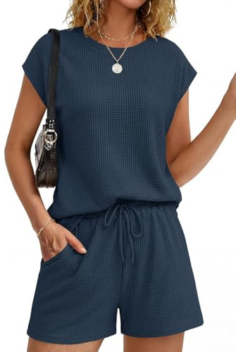 OLIPHEE Completi Tuta Donna Estivi Lounge Set 2 Pezzi con Tshirt Manica Corta Girocollo e Pantaloncini Jogging Completo Donna Waffle Elegante Outfit Sportivi Yoga Spiaggia Blu scuro S (s)