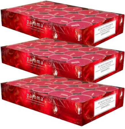 pajoma® Teelichte 3er Pack, Granatapfel | 90 Duft-Teelichte in Aluminiumhülle, Brenndauer ca. 4 Stunden - Höhe 1,5 cm ø 3,5 cm | Premium Qualität | Deko, Gastronomie, Outdoor, Windgläser, Hochzeit