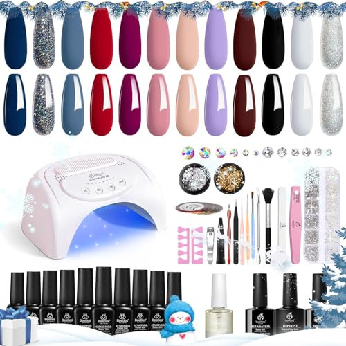 Beetles 12 Colors Gel Polish Starter Kit with 48W UV LED Lamp Cured Base Top Coat Nude Gray Pink Blue Gel Polish Glitter Powder DIY Nail Art Rhinestone Gems Gifts for Women Girls