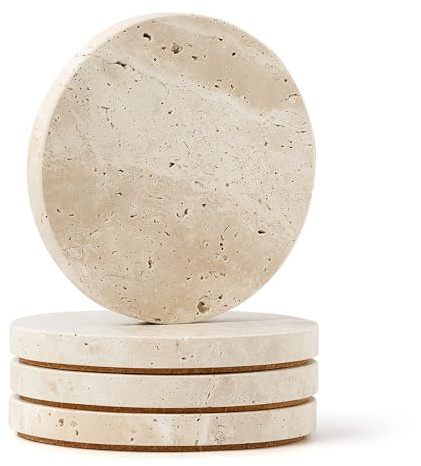 WORHE Natural Travertine Marble Coasters Set of 4-4 Round Stone Drink Coasters, Non-Slip Cork Backing, Housewarming Gift, Wedding, Protect Tables from Stains & Scratches (BD140)