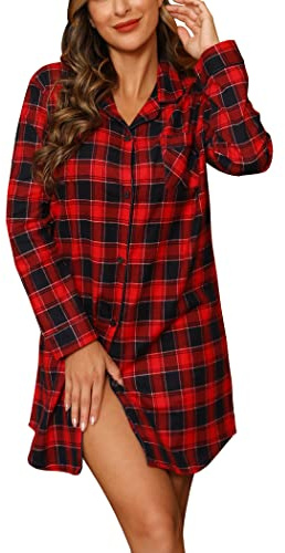 ENJOYNIGHT Camicia da notte da donna in flanella a maniche lunghe maglietta da notte con bottoni pigiama corto S-XXL, XL