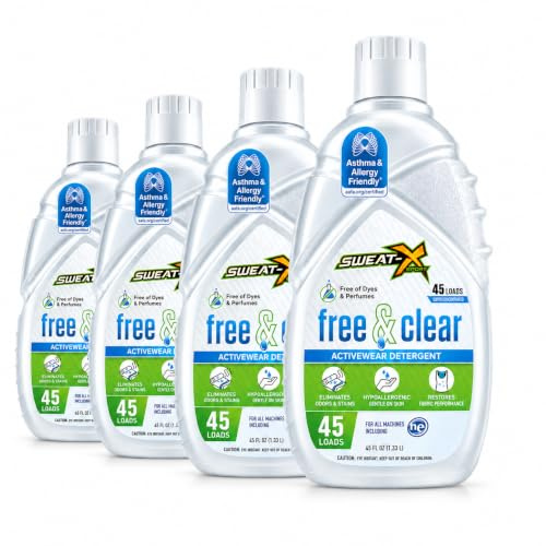 Sweat X Sport Free & Clear - Detergente para ropa deportiva - Certificado para asma y alergia - Hipoalergénico - para ropa deportiva y uso diario, 180 cargas (caja de 4-45 botellas de carga)