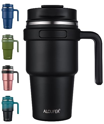 ALOUFEA 597 ml isolerad kaffemugg tumlare med handtag, rostfritt stål resemugg tumlare med lock och sugrör, dubbelvägg vakuum läckagesäker is kaffe termisk kopp, svart