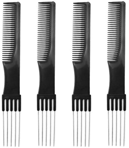 HZAOPZE 4 pcs Friseur-Stielkamm, Toupierkamm Gabelkamm Friseur-Stielkamm mit 5 Metallgabel, mit Spießente, Styling Kamm Haarkamm Teasing-Kämme für Haarstylisten Barbers Familie Salon, Schwarz