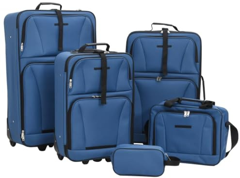 vidaXL Reisekoffer Set 5-TLG., Kofferset mit 3 Rollkoffern Reisetasche Kulturtasche, Hartschalenkoffer mit Rollen, Trolley, Blau Stoff