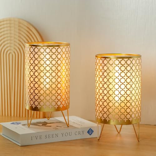 TRIROCKS Set of 2 Battery Operated Table Lamp 23cm High Cordless Lanterns with 6H Timer for Home Living Room Weddings Parties Patio Events Outdoors Indoors Shelf (Gold)