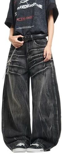 Zewool Jeans Baggy Strappati da Uomo Jeans Hip Hop Y2K Jeans Skater a Gamba Larga Pantaloni in Denim a vestibilità Loose Streetwear Rilassato degli Anni 2000 Skateboard,A10 Nero,XS