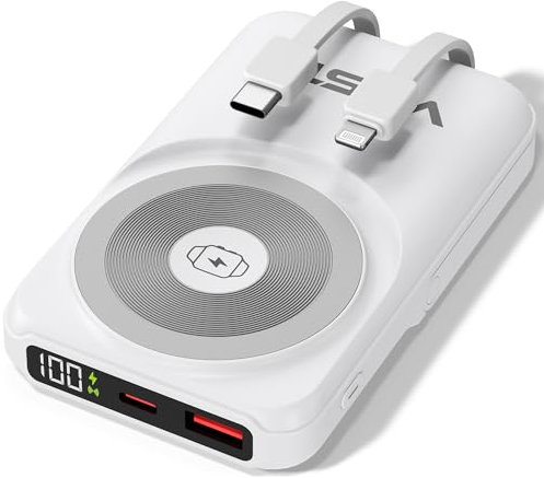 Powerbank USB-C [10.000mAh] - Batería Externa Magnética por Inducción con Cable - Cargador Inalámbrico de 20W, Cargador para Reloj de 2,5W,Carga Rápida QC de 22,5W y PD de 20W,Entrada Integrada Tipo-C