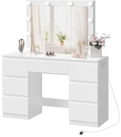 WOLTU Schminktisch mit LED-Beleuchtung Steckdose Spiegel, einstellbare Helligkeit, Kosmetiktisch mit 7 Schubladen, Weiß, 110x140,5x39,5 cm, MB6124ws