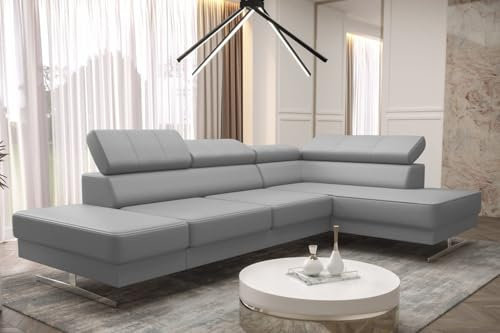 Divano angolare Emporio MINI 300 x 180 cm in vera pelle – Moderno divano in pelle con poggiatesta regolabili, piedini argentati – Divano angolare a sinistra o destra selezionabile – Divano di design