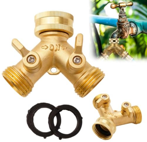 Heavy Duty 2-Way Y-Shape Brass Garden Hose Splitter, 3/4 Inch Anti-Leak Dual Hose Connector with Individual On/Off Valves, Y Valve Tap Connector for Garden, Outdoor, Lawn, Courtyard & Kitchen Use
