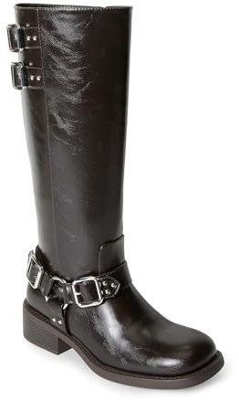 JustFab Womens Knee High Boots Faux Leather Wide Calf Brown Riding Boots Knee High Boots for Women Low Heel Casual Boots for Women(Cacao, 12)