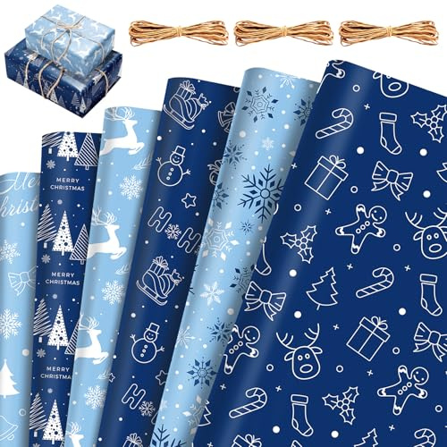 GmeDhc Lot de 12 rouleaux de papier cadeau de Noël - 50 x 70 cm - Avec 2 rouleaux de corde en coton - Vintage - Papier kraft