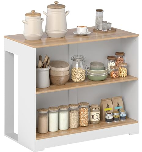 HOMCOM Table de Bar, Table Haute Cuisine à 3 Niveaux avec 2 Compartiments Ouverts, Plateau en Effet Bois Naturel, pour Salle à Manger et Cuisine, 113 x 60 x 90 cm, Blanc