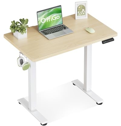 OffiGo Standing Desk, Small Height Adjustable Desk with 3 Memory Heights | 80cm Electric Sit Stand Table for Home Office Workstation, Compact Rising Computer Table for Small Spaces, Beige