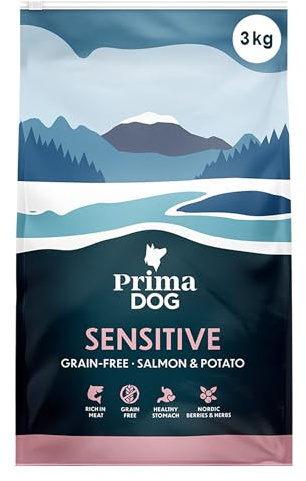PrimaDog – Sensitive torrfoder för vuxna hundar, helfoder, smak av lax och potatis, 3 kg