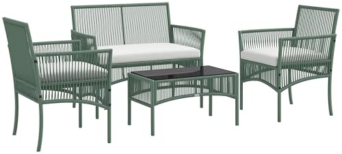 Outsunny Conjunto Jardín Exterior de Ratán, Muebles Jardín Exterior para 4 Piezas, Muebles Terraza con 1 Sofá de 2 Plazas, 2 Sillones, Cojines y 1 Mesa de Tablero de Vidrio, para Patio, Verde Oscuro