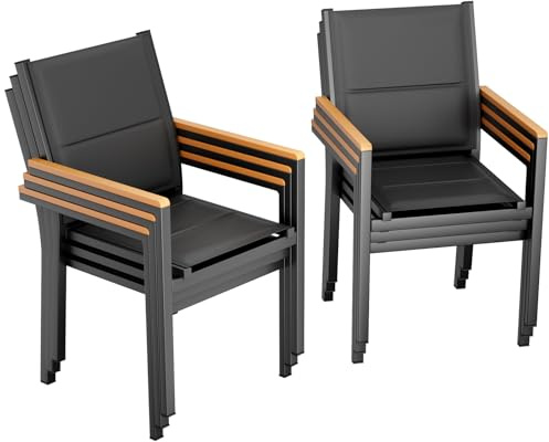 LIFERUN Trädgårdsstol, set med 6 stycken, aluminium, med quiltat ryggstöd och sits, stapelbar matstol, WPC-ledstång, balkongstolar, för terrass, balkong, terrass, pool, restauranger, svart, 6 st