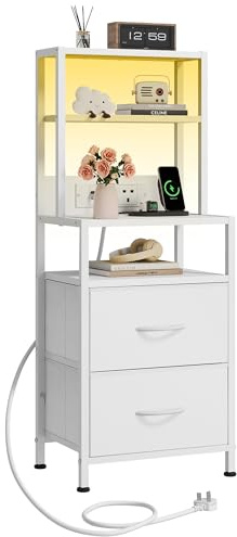 WLIVE White Bedside Table with 2 Fabric Drawers and LED Lights, Bedside Cabinet with 2 Outlets and 2 USB Ports, Bed Side Table for Bedroom, Office, White