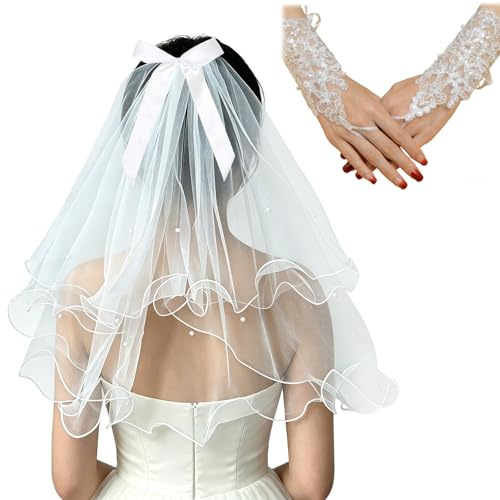 BSITSSS Velo Novia Blanco 2 Niveles y Guantes, Bride to Be Velo de Novia con Lazo de Perlas, Velos Novias Despedida con Peine para Fiesta Despedida Soltera Boda Pedida de mano Compromiso