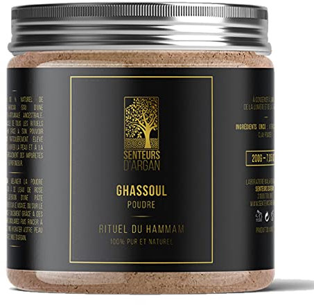 S.A Argilla Ghassoul in polvere 100.% pura e natural, Argilla rhassoul marocchina per hammam cura capelli, viso e corpo, Maschera per il viso., impacco per il corpo.. 200G
