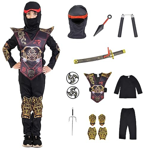 ZUCOS Déguisement Costume de Ninja pour Enfant Motif Dragon Costume d'Halloween Pour Fille et Garçon Noir 10-12 ans