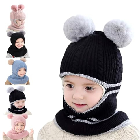 Siribelle Cagoule Enfant Bonnet Bebe Fille Garcon Chaud Bonnet d'hiver Enfant Ensemble Chapeau Hiver écharpes 2 en 1 Cagoule Bebe Tricot 1~5 Ans Noir2