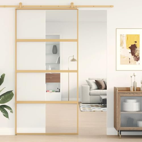 Gecheer Porta,Scorrevole,con Set Binario,Kit Montaggio,in Vetro ESG e Alluminio,Oro e Trasparente,102,5x205 cm,Set Porte Sorrevoli con Kit Binario,Porta Scorrevole in Vetro e Alluminio