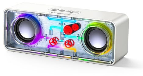 JAMELO Portable Bluetooth Speaker, Wireless Speaker with Transparent Mecha Design, Cool Streaming Light, TWS Stereo Sound, TF Card, AUX, Outdoor Musicbox for Party Camping Beach Travel Hiking (White)
