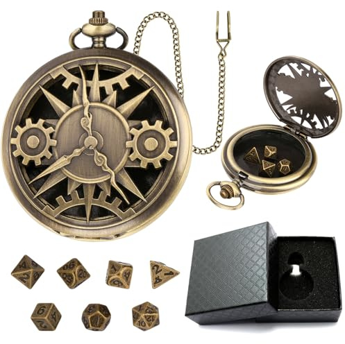 Kytpyi Dados de Rol Poliédricos Set Retro 7 Piezas Caja Regalo Metal Mini Set Resistente Viaje Fiesta Camping (Engranajes)