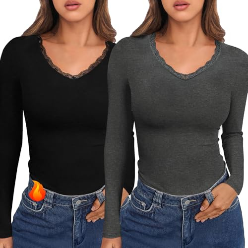 Crewhpo Womens 2 Pack Thermal Tops Long Sleeve Thermal Vest Lace V Neck Base Layer Lightweight Thermal Underwear Shirt Slim Fit