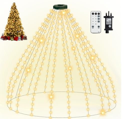 Waterfall Christmas Tree Lights Indoor, 2.5M X16 Strands 400 LEDs Warm White Xmas Tree Lights Mains Powered, Waterproof 8 Modes Timer Fairy String Lights for Indoor Outdoor Christmas Tree Decoration
