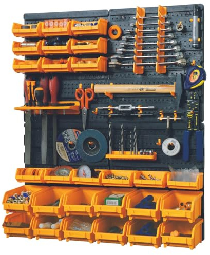 INTEC - Panneau Mural Porte-Outils Complet (66x78cm) : 4 Panneaux perforés, 27 bacs de Rangement (Petits/Grands) et 38 Crochets pour Un Atelier organisé