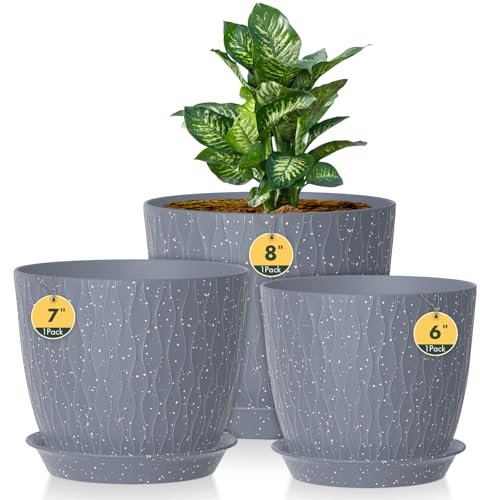 3 Pack Plastic Plant Pots,20/18/15CM,Flower Pot Large Plant Pots Indoor Outdoor Plastic Plant Pot with Drainage Holes and Tray for House Plant Flower(Grey Speckles)