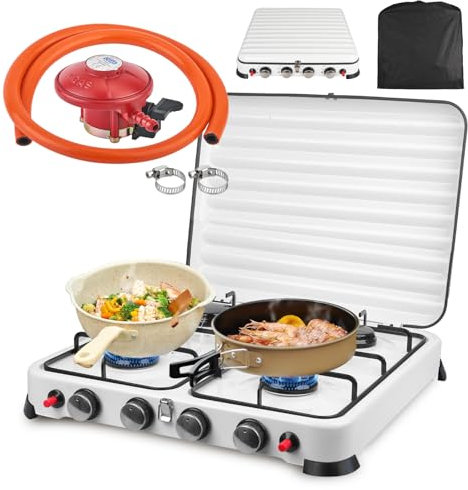 8.8KW Réchaud Gaz 4 Feux, Réchaud à Gaz de Camping Portable Avec Allumage Piezo et Régulateur, Réchaud de Camping Réchaud Extérieur pour Cuisine Plein Randonnée Camping Pêche Pique Nique (Pur Blanc)